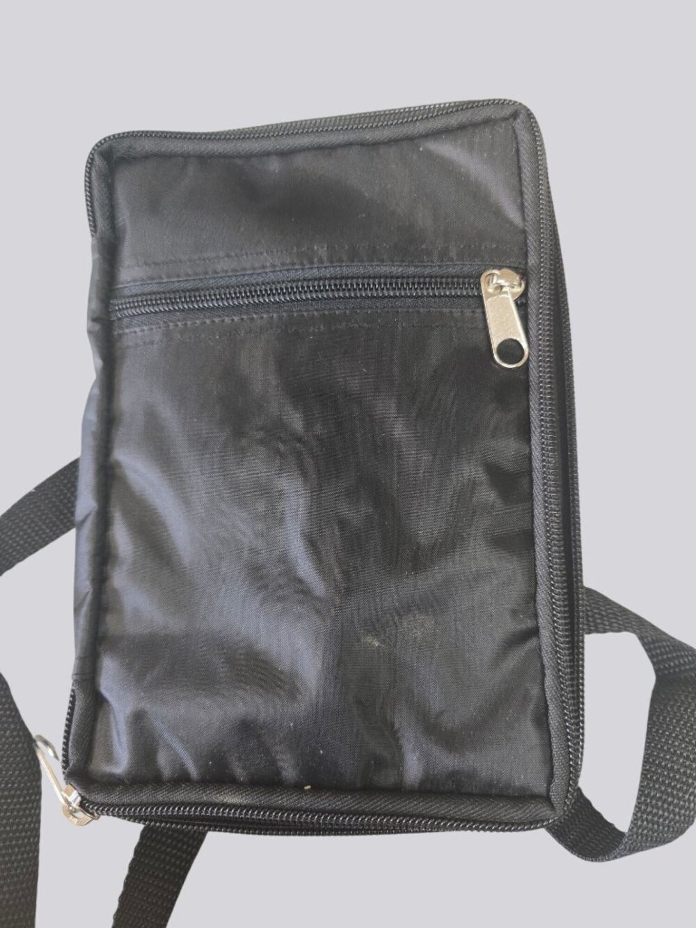 Black Nylon Crossbody Bag Adjustable Straps Zippered Pockets Compartments